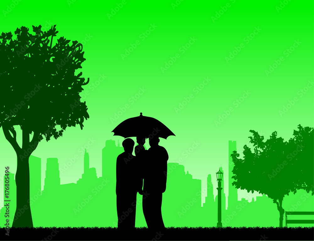 Grandmother and grandfather walking under umbrella with grandchild in park, one in the series of similar images silhouette