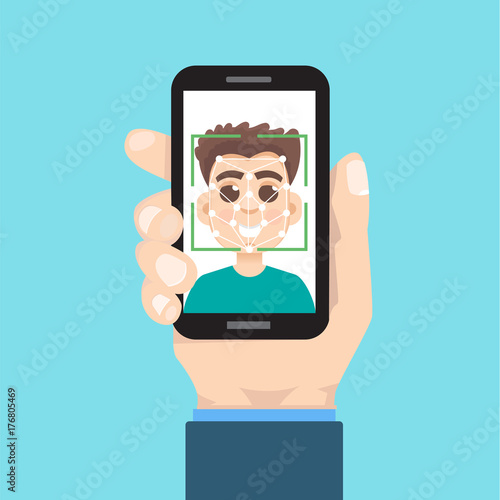 Biometric identification, face recognition system concept. smartphone in hand. Vector illustration.