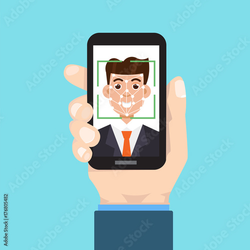 Biometric identification, face recognition system concept. smartphone in hand. Vector illustration.