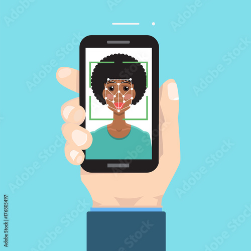 Biometric identification, face recognition system concept. smartphone in hand. Vector illustration.