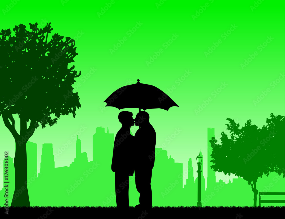 Lovely retired elderly couple standing and kissing under the umbrella in park in autumn or fall, one in the series of similar images silhouette Lovely retired elderly couple standing and kissing under the umbrella in park in autumn or fall, one in the series of similar images silhouette