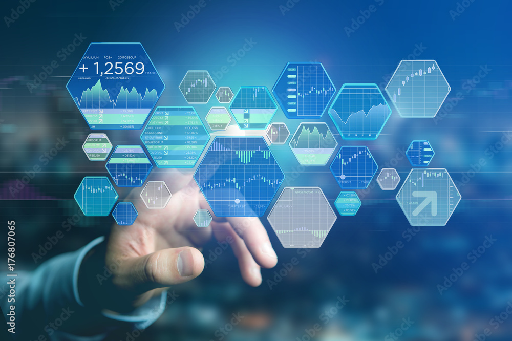 Stock exchange trading data information displayed on a futuristic interface Stock exchange trading data information displayed on a futuristic interface
