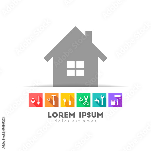 House with tools in colorful flat design. Tucked and pocket design.