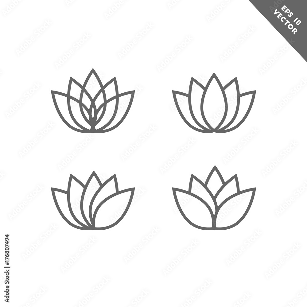 Lotus flower icon set in line art