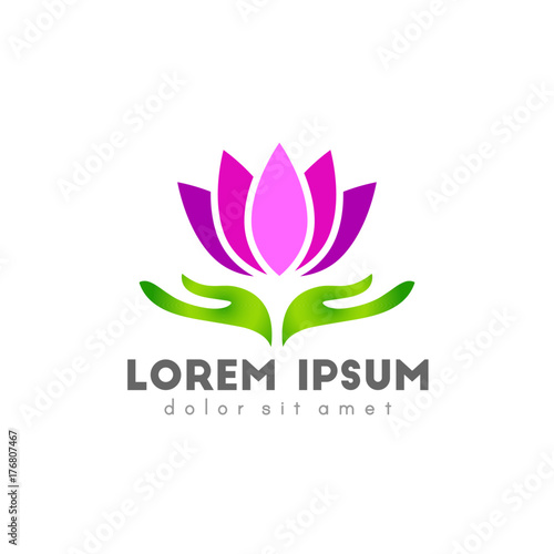 Hand holding flower with pink petals as logo design