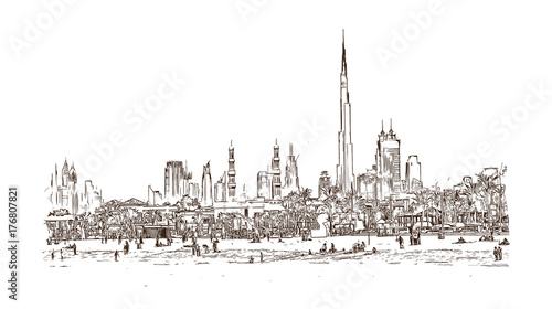 Hand drawn sketch of Jumeirah Beach with skyline Dubai in vector Illustrator. Dubai United Arab Emirates.