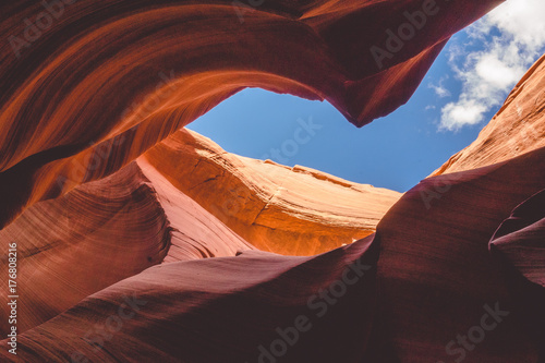 Picturesque weather-beaten red stone walls of Antelope Canyon, Arizona