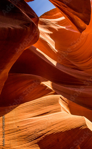 Picturesque weather-beaten red stone walls. Lower Antelope Canyon, Arizona