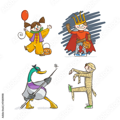 Set of kids in costumes for Halloween. Lich or russian King Koschey, Mummy, Clown, Goose.