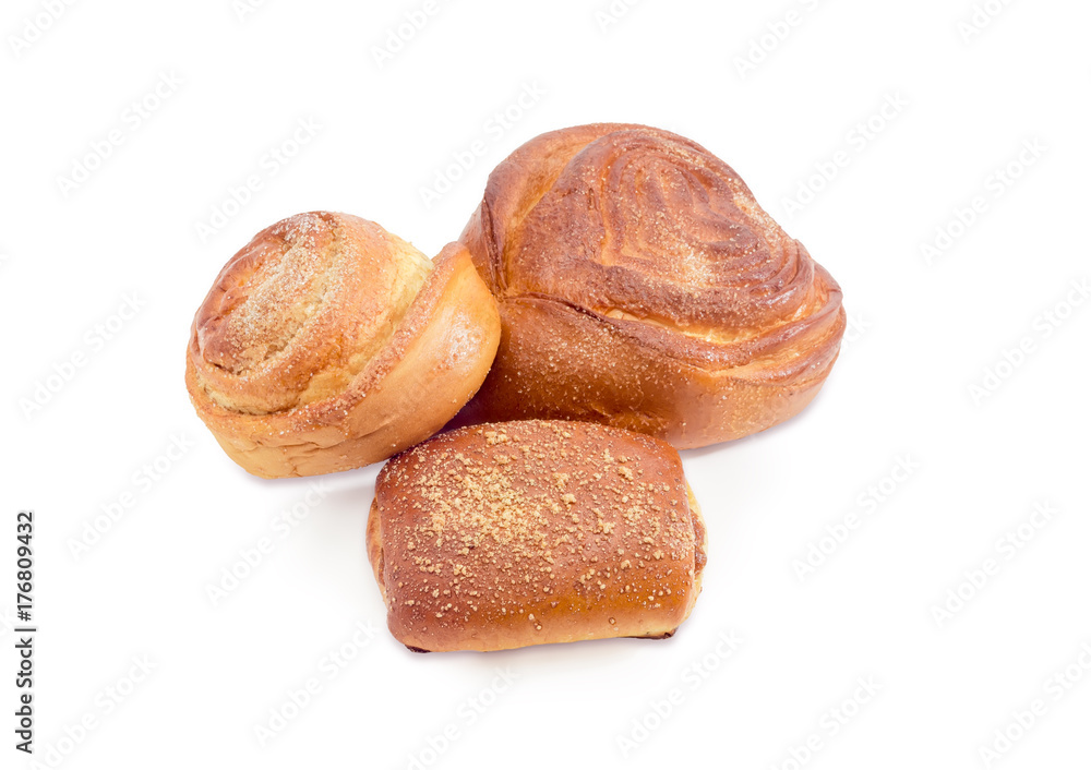 Three different sweet buns on a white background Three different sweet buns on a white background
