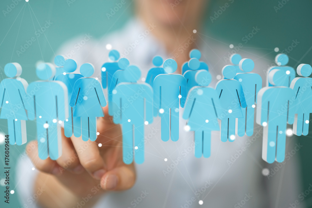 Businesswoman holding and touching 3D rendering group of blue people Businesswoman holding and touching 3D rendering group of blue people