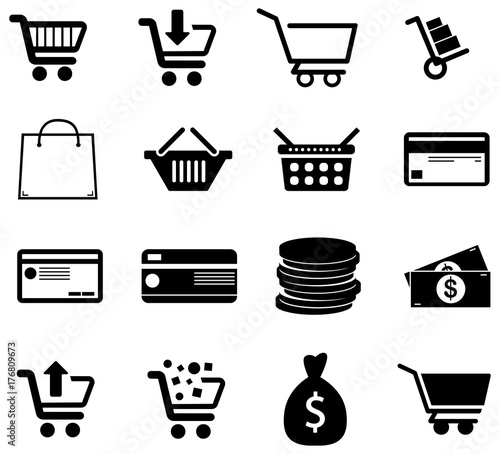 Black shopping and payment vector icons pack