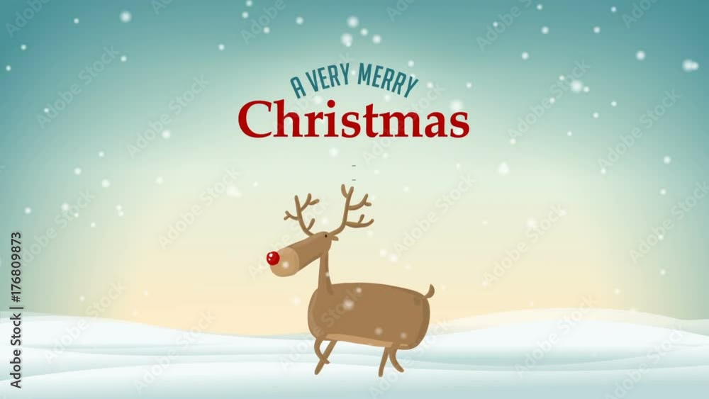 Cartoon Cute Deer with Santa in the sky on Snowy Blue Winter background with Greeting A Very Merry Christmas and Happy New Year text label card Animation Cartoon Cute Deer with Santa in the sky on Snowy Blue Winter background with Greeting A Very Merry Christmas and Happy New Year text label card Animation