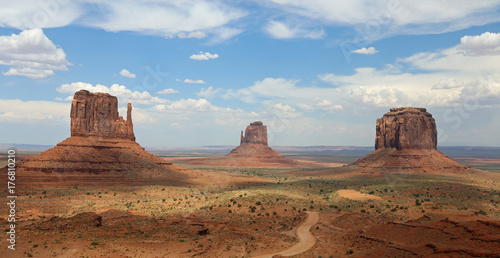 Panorama with West Mitten Butte, East Mitten Butte and Merrick Butte in Monument Valley. Arizona. USA