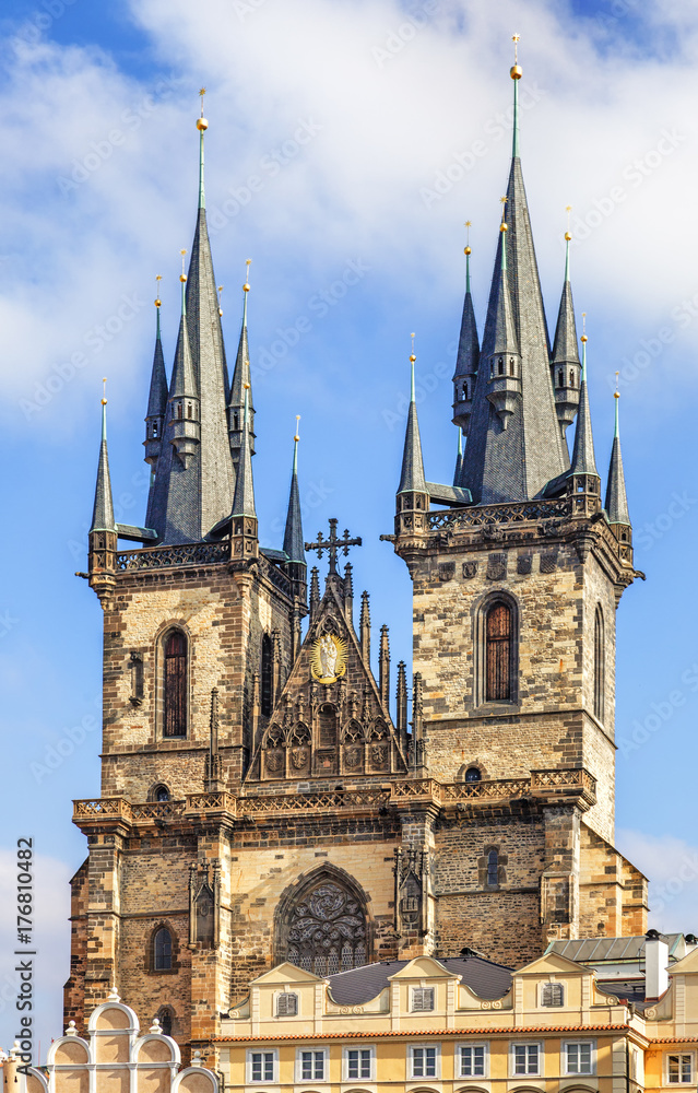The famous sightseeing of Prague. Church of Our Lady before Tyn on the Old Town