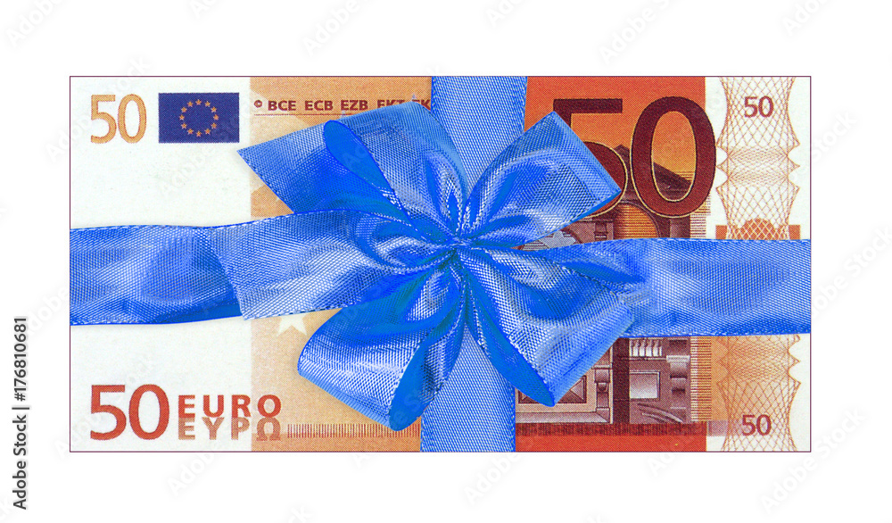 ruban cadeau bleu sur billet de 50 euros Stock Photo | Adobe Stock