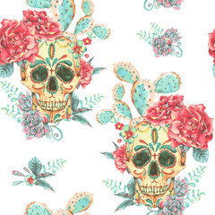 Sierkussen Doodshoofd met bloemen patronen Vintage schedel met rozen vectorpatroon  © depiano
