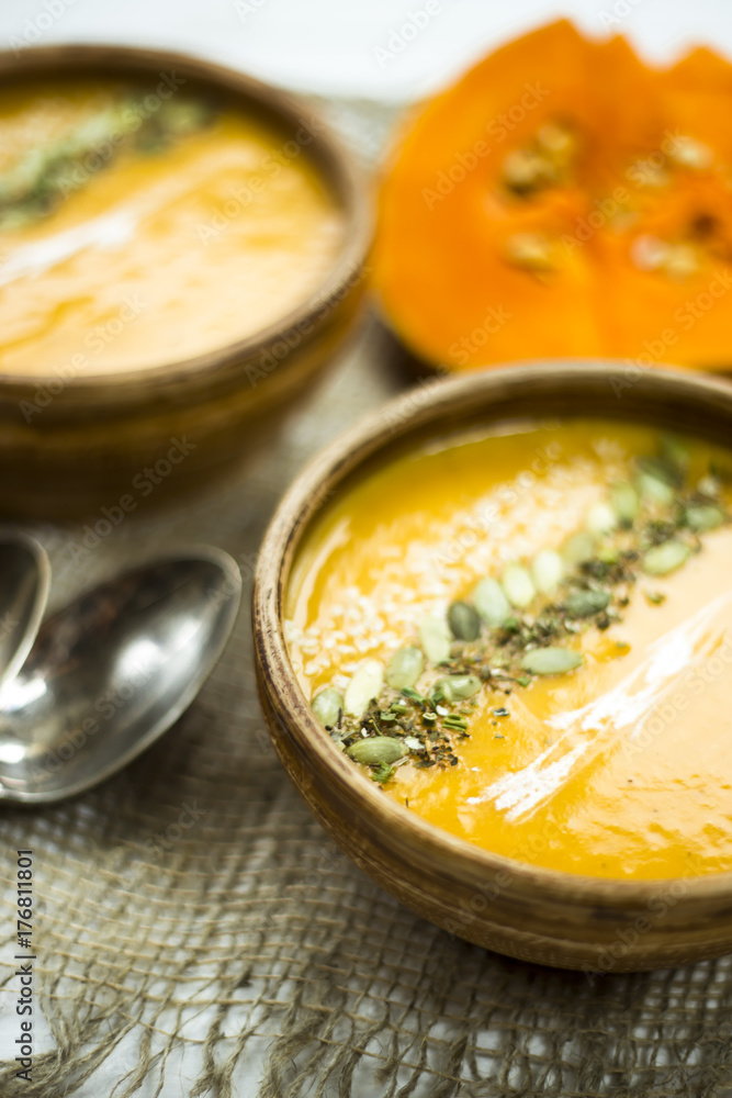 traditional autumn dish for Thanksgiving - pumpkin soup with garlic. traditional autumn dish for Thanksgiving - pumpkin soup with garlic.