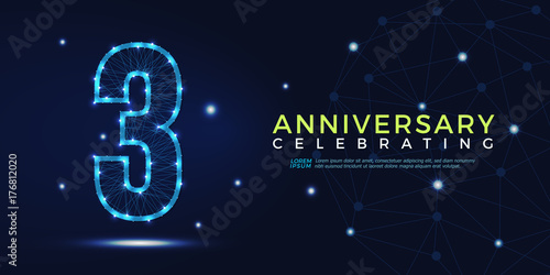 3 years anniversary celebrating numbers vector abstract polygonal silhouette. 3rd anniversary concept illustration consisting of point, mesh and lines