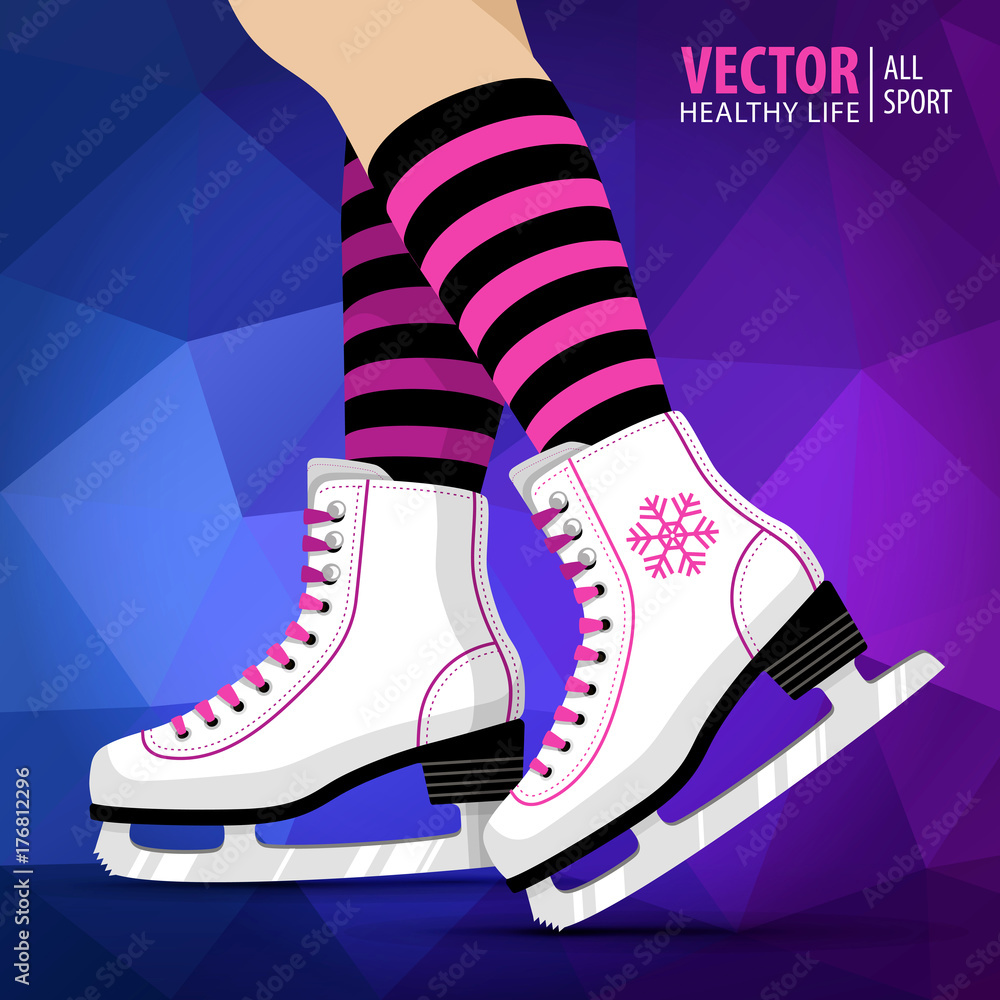 Pair of white Ice skates. Figure skating. Women's ice skates. Winter sports. Vector illustration background. Banner.