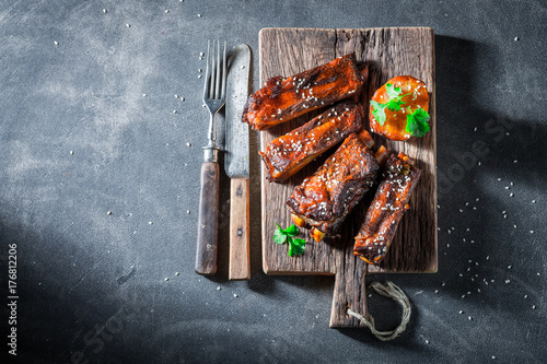 Tasty roasted ribs with vegetables and potato