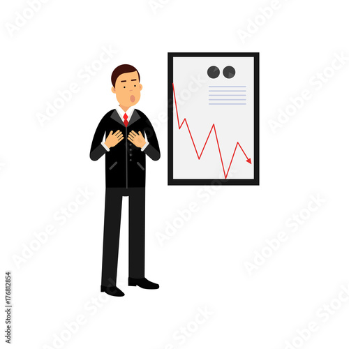 Stressed businessman character standing against a bad results chart, bad sales, business and financial failure, economic crisis vector Illustration