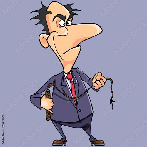 cartoon angry man in a suit and with a whip in his hand