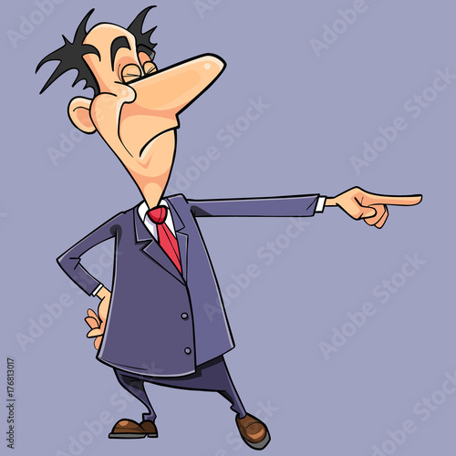 Cartoon arrogant man in a suit with a tie points with his finger