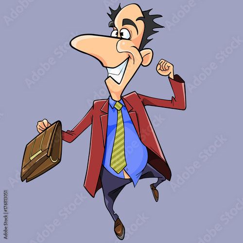 cartoon joyful man in suit and with briefcase in hand