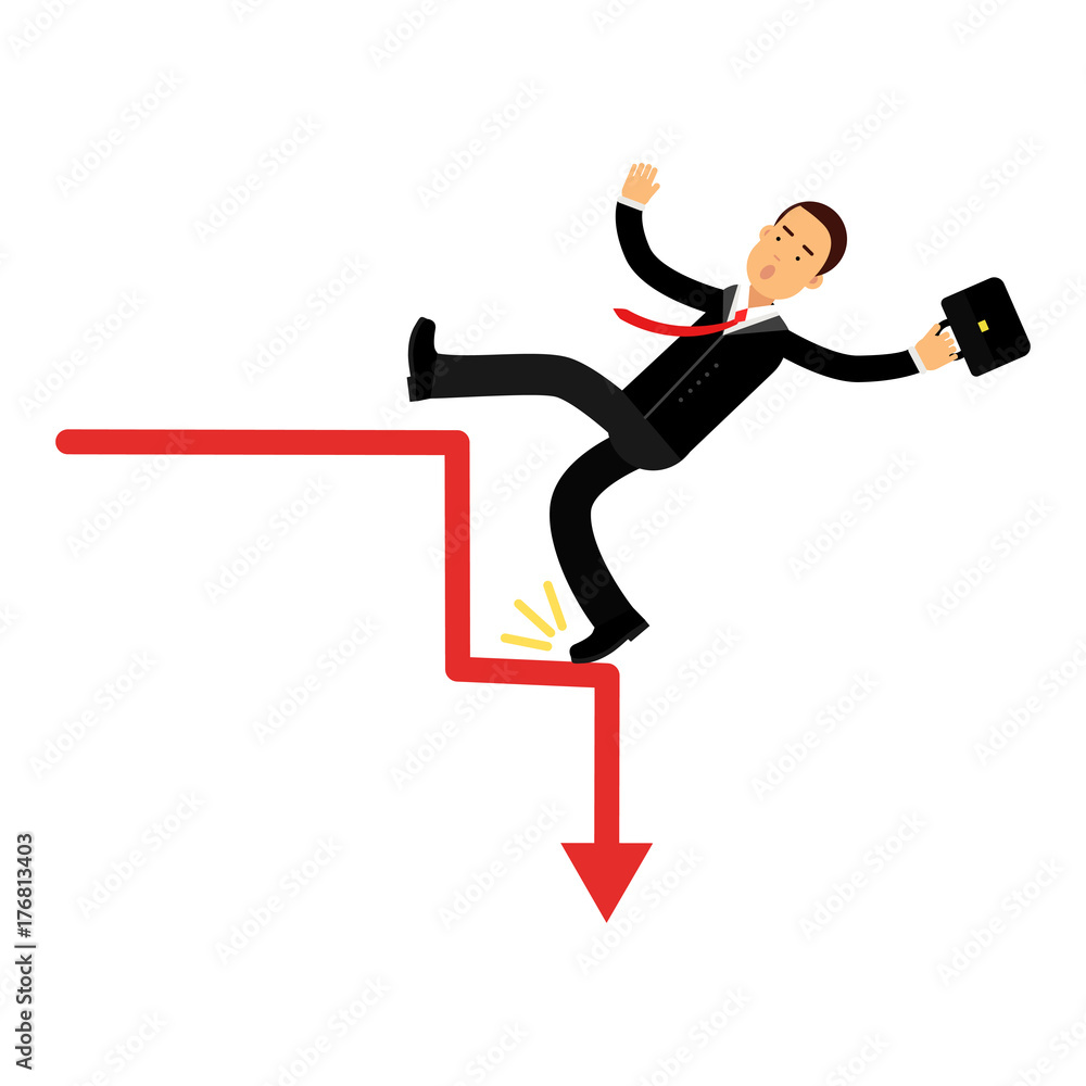 Stressed businessman character falling down of career ladder, business and financial failure, economic crisis vector Illustration