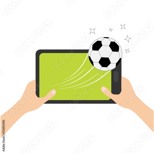 Two hands holding genering tablet PC gadget. Male female teen hand and Tab with blank screen. Soccer ball flying from touch screen. Stars. Green grass field. Flat design. White background.