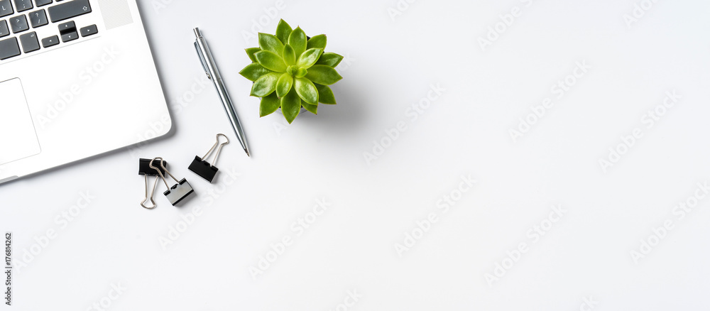 Overhead shot of office accessories on white background - obrazy, fototapety, plakaty 