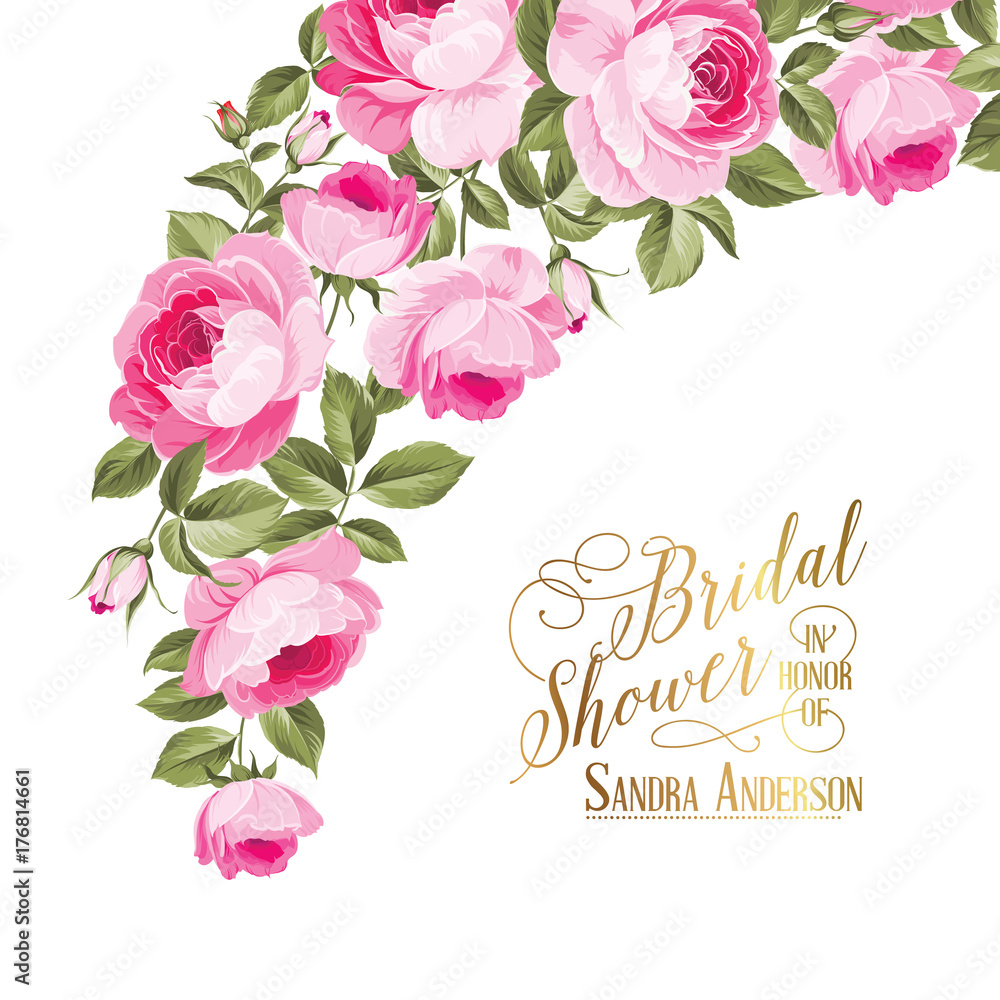 Marriage invitation card with custom sign and flower frame over white background. Vector illustration.