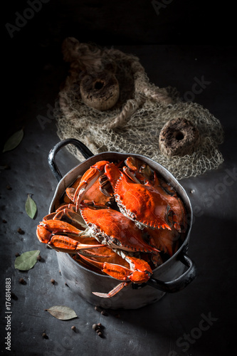 Ingredients for tasty crab with allspice and bay leaf
