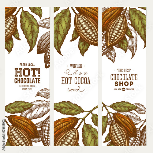 Cocoa bean tree banner collection. Engraved style illustration. Chocolate cocoa beans. Vector illustration