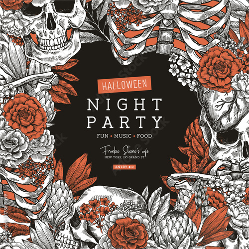 Halloween party invitation. Vintage floral anatomy background. Vector illustration