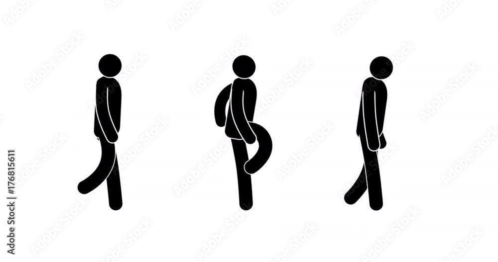 Pictogram man walking cycle. Three options - icon people goes quietly, happily dancing, sad. Looped 2D animation with alpha mask.