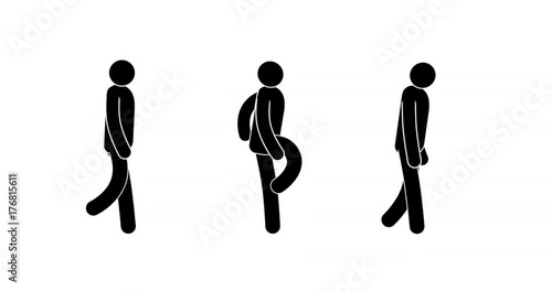 Pictogram man walking cycle. Three options - icon people goes quietly, happily dancing, sad. Looped 2D animation with alpha mask.