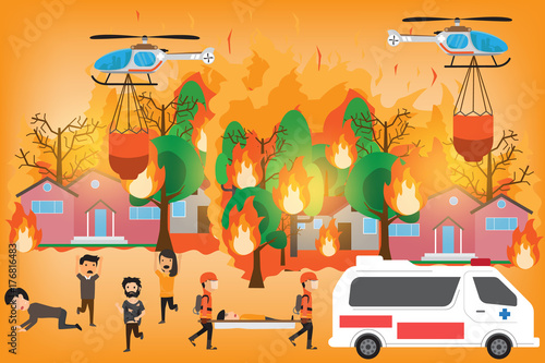 Forest Fire infographics. burning forest trees in fire flames - natural disaster concept. Concept of Wildfire with people manage to survive. Vector Illustration.