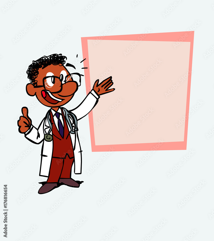 Happy black doctor makes the gesture of ok. Is showing, as in a presentation, the data you want.
