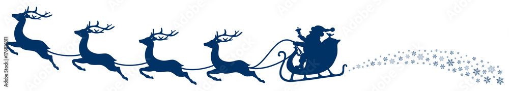 Christmas Sleigh Santa & Flying Reindeers Swirl Dark Blue - obrazy, fototapety, plakaty 