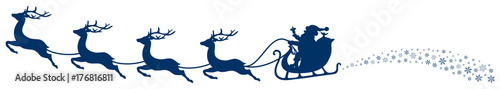 Christmas Sleigh Santa & Flying Reindeers Swirl Dark Blue photo