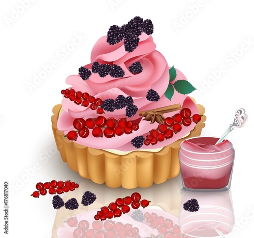 Vector Realistic tart with forrest fruits and whipped cream. Background for m...