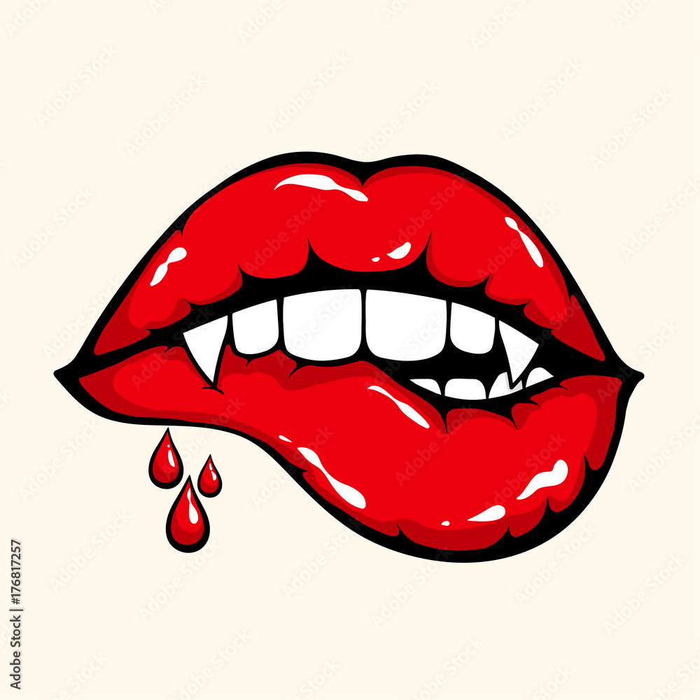 Vampire woman mouth biting red lower lip. Halloween vector illustration Vampire woman mouth biting red lower lip. Halloween vector illustration