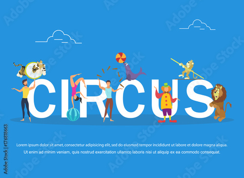 Vector illustration of circus performers and animals. Circus banner.