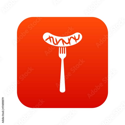 Grilled sausage on a fork mustard icon digital red