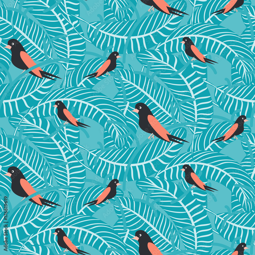 Birds on branches with dense leaves blue pattern seamless vector. Nestlings on trees for print on fabric and apparel.