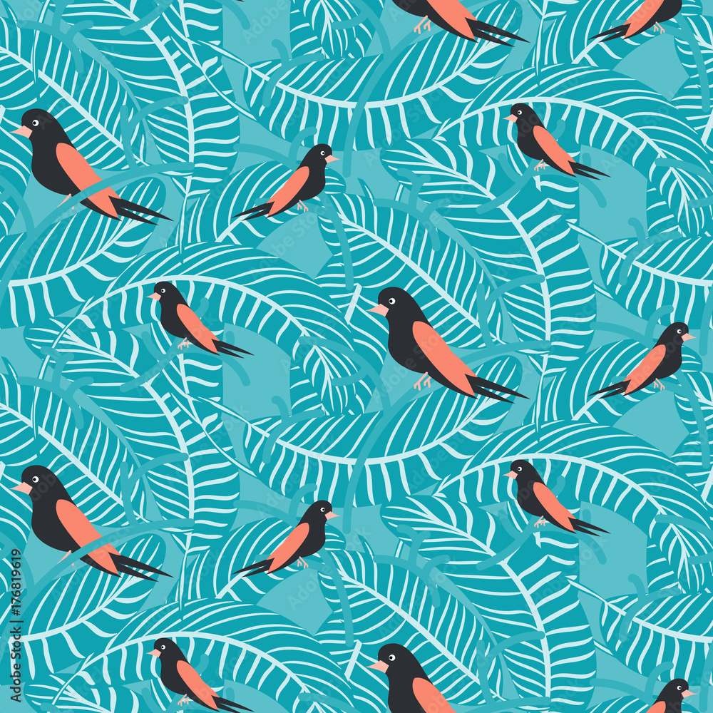 Obraz premium Birds on branches with dense leaves blue pattern seamless vector. Nestlings on trees for print on fabric and apparel.