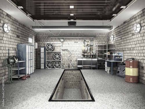 Front View of a Garage 3D Interior with Opened Roller Door 3D Rendering photo