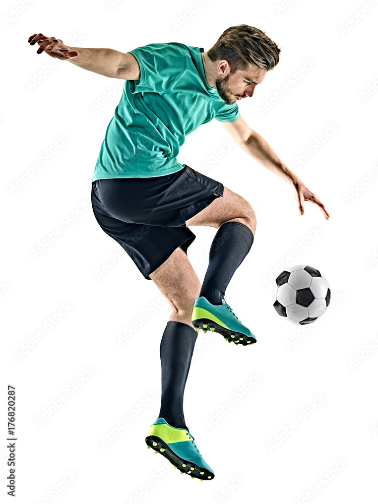 one caucasian soccer player man jungling isolated on white background one caucasian soccer player man jungling isolated on white background